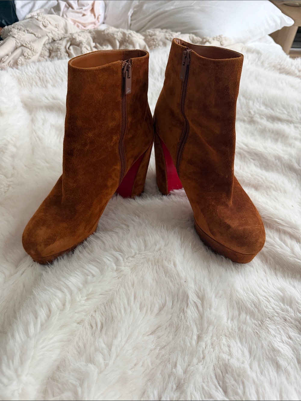 Christian Louboutin Brown Suede Platform Ankle Boots with Signature Red Soles